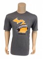Tri-Blend crew 4.5 oz., 50/25/25 poly/ring spun combed cotton/rayon t-shirt, steel grey with Michigan the Great Beer State logo on front.