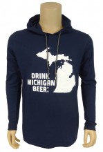 Lightweight Long Sleeve Hooded T-Shirt, 4.5 oz., 100% combed ringspun cotton, Heather colors are 60/40 polyester/ringspun cotton, Relaxed unlined hood with contrast drawcord, Double-needle neck, sleeve and bottom hem. Drink Michigan Beer logo on the front in White, and Michigan the Great Beer State logo on the right shoulder in White.
