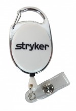 Badge reel, 30" cord retractable carabiner, white with black Stryker logo.
