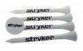 Four white golf tees and one white ball marker, each with Stryker logo imprinted in black on one side, polybagged.